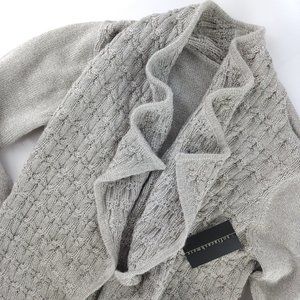 SOFIA CASHMERE Cable Waterfall Wrap Open Front Cardigan Sweater Silver Lurex